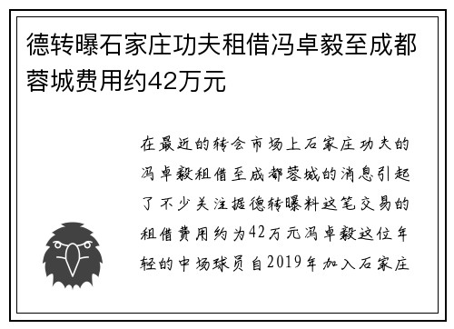 德转曝石家庄功夫租借冯卓毅至成都蓉城费用约42万元