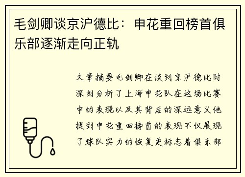 毛剑卿谈京沪德比：申花重回榜首俱乐部逐渐走向正轨